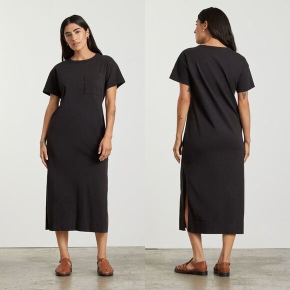 Everlane The Organic Weekend Side Slit Maxi Dress Black Round Neck Women XS NWT - Picture 1 of 12